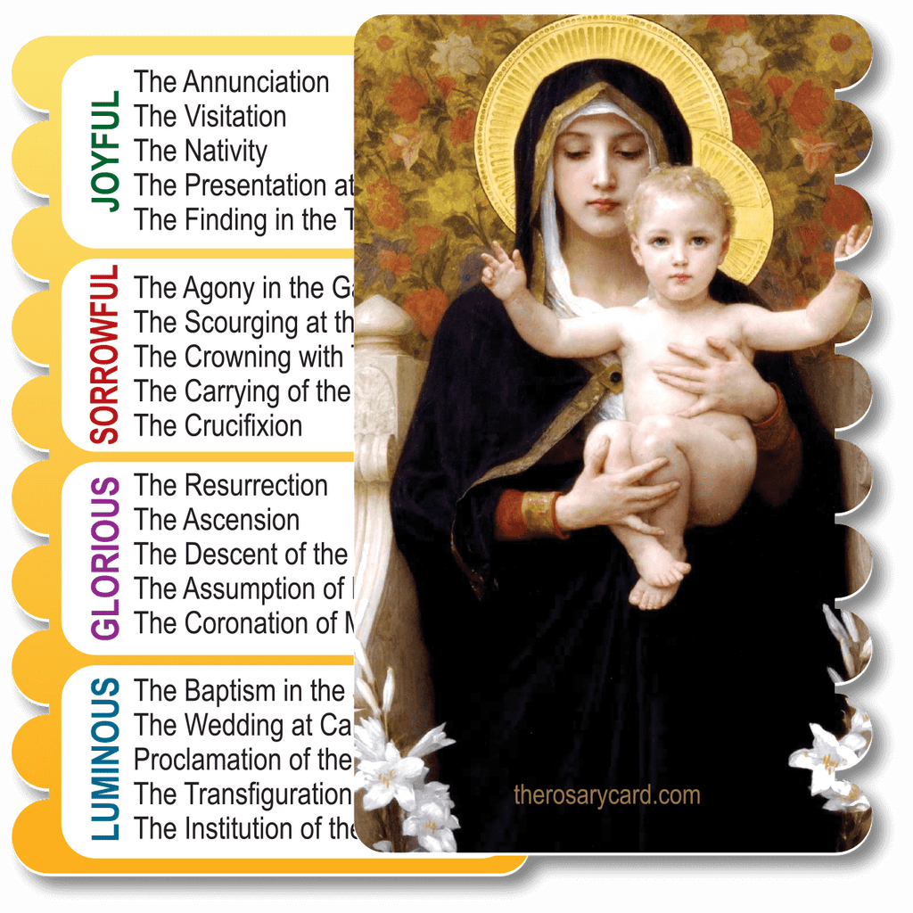The Glory series highlights beautiful artwork across Christian history. This card features La Vierge au lys or The Virgin of the Lilies, painted by William-Adolphe Bouguereau in 1899 on the front, and a full listing of the Joyful, Sorrowful, Glorious, and Luminous Mysteries on the back.