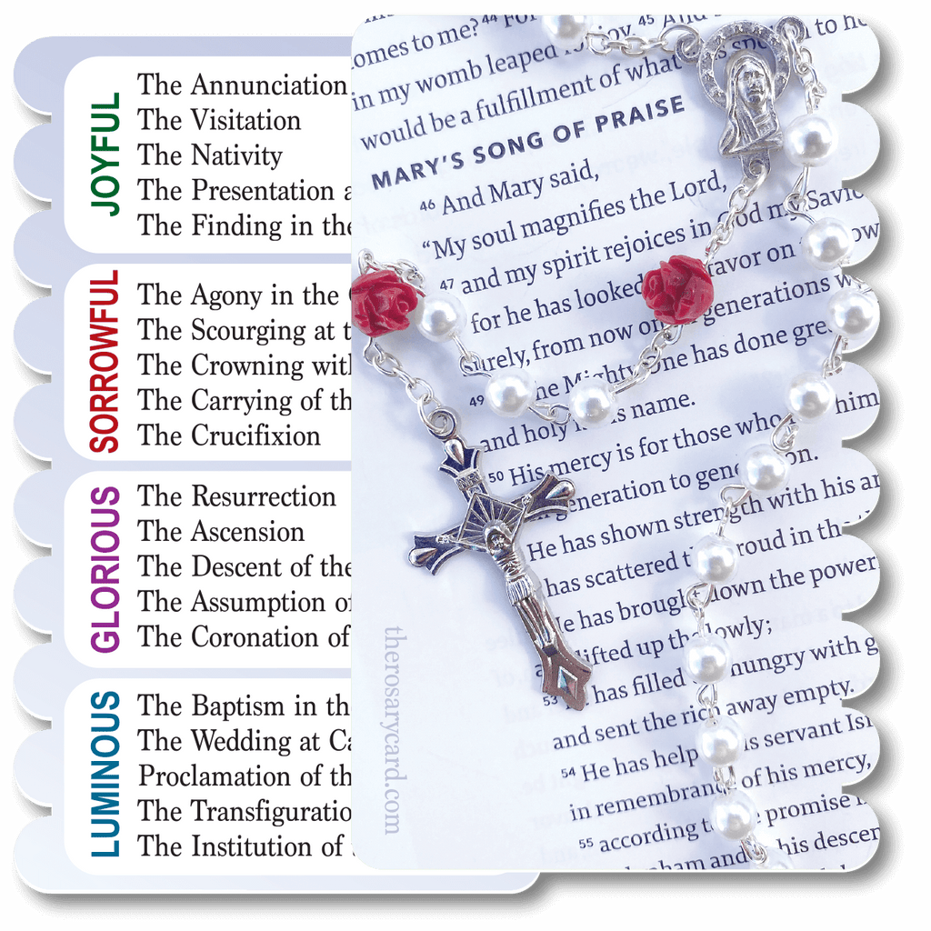 The Rosary Experience series honors the many types of Rosaries we use in our devotions. This card features a delicate rose and pearl Rosary on the front, and a full listing of the Joyful, Sorrowful, Glorious, and Luminous Mysteries on the back.